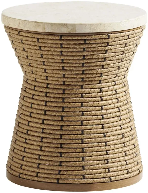 Los Altos Valley View Outdoor Aluminum/Mactan Stone Top Wicker Round Side Table, Light Tan/Cream