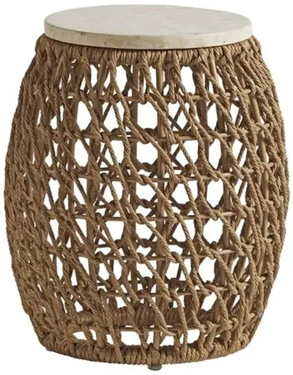 Los Altos Valley View Outdoor Mactan Stone Top Wicker Round Accent Table - Light Tan/Cream - Tommy Bahama - Beige - 20Hx12Wx12D in