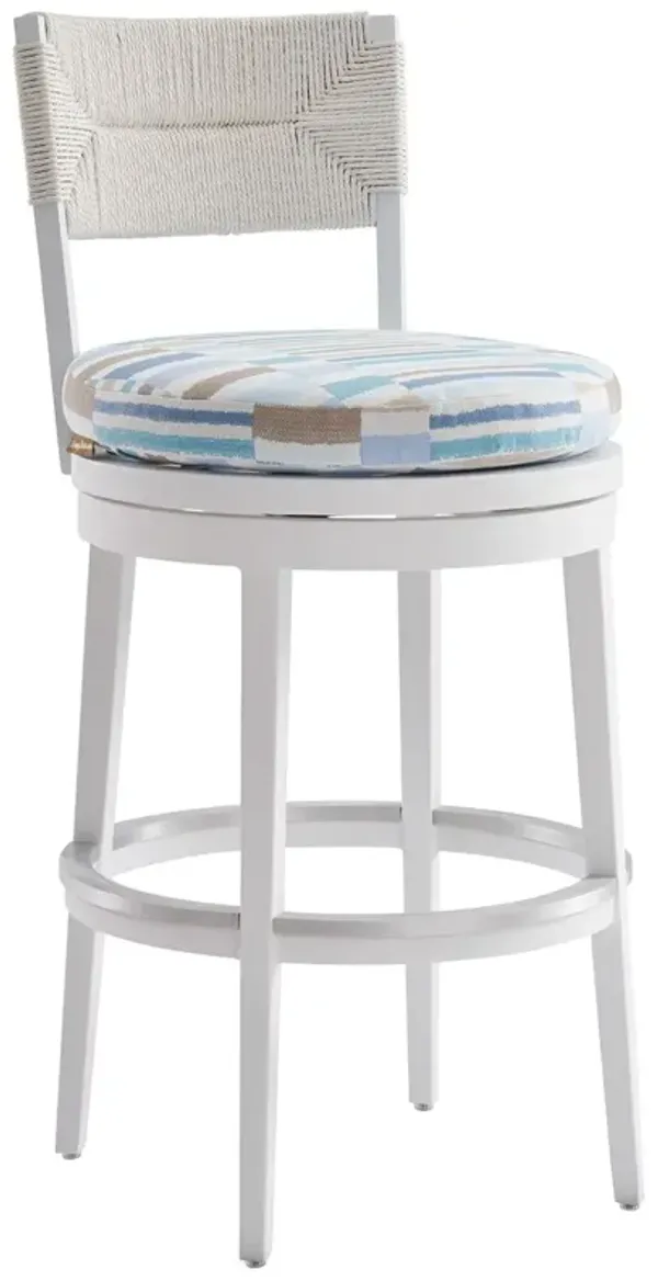 Ocean Breeze Promenade Outdoor Aluminum/Wicker Swivel Bar Stool, White/Stripe Multicolor