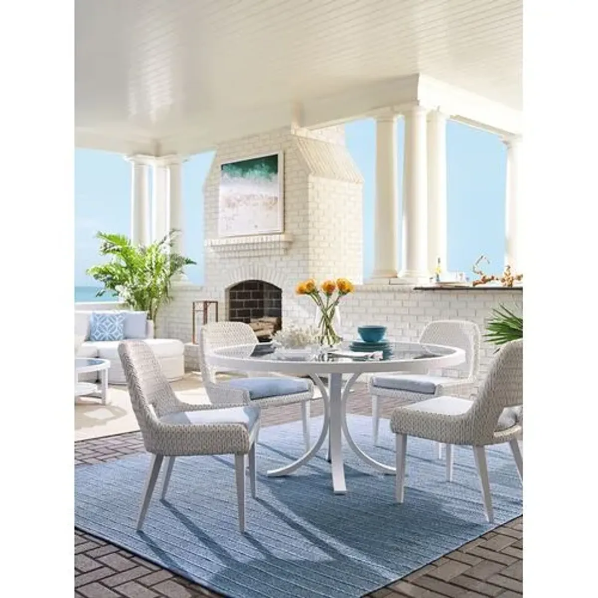 Ocean Breeze Promenade Outdoor 56" Aluminum Round Dining Table - White/Blue - Tommy Bahama