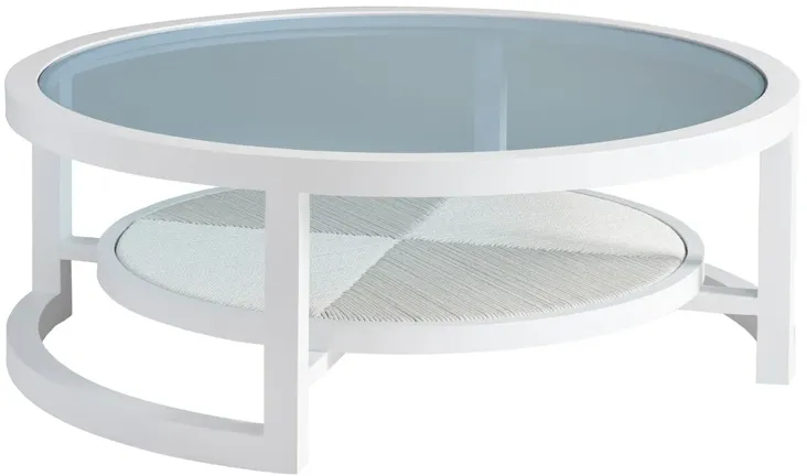 Ocean Breeze Promenade Outdoor Aluminum/Wicker Round Cocktail Table, White/Blue