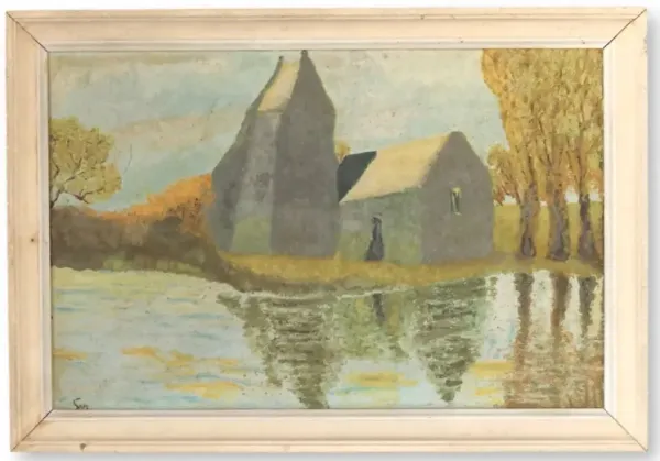 French Landscape Painting, Barn on a River