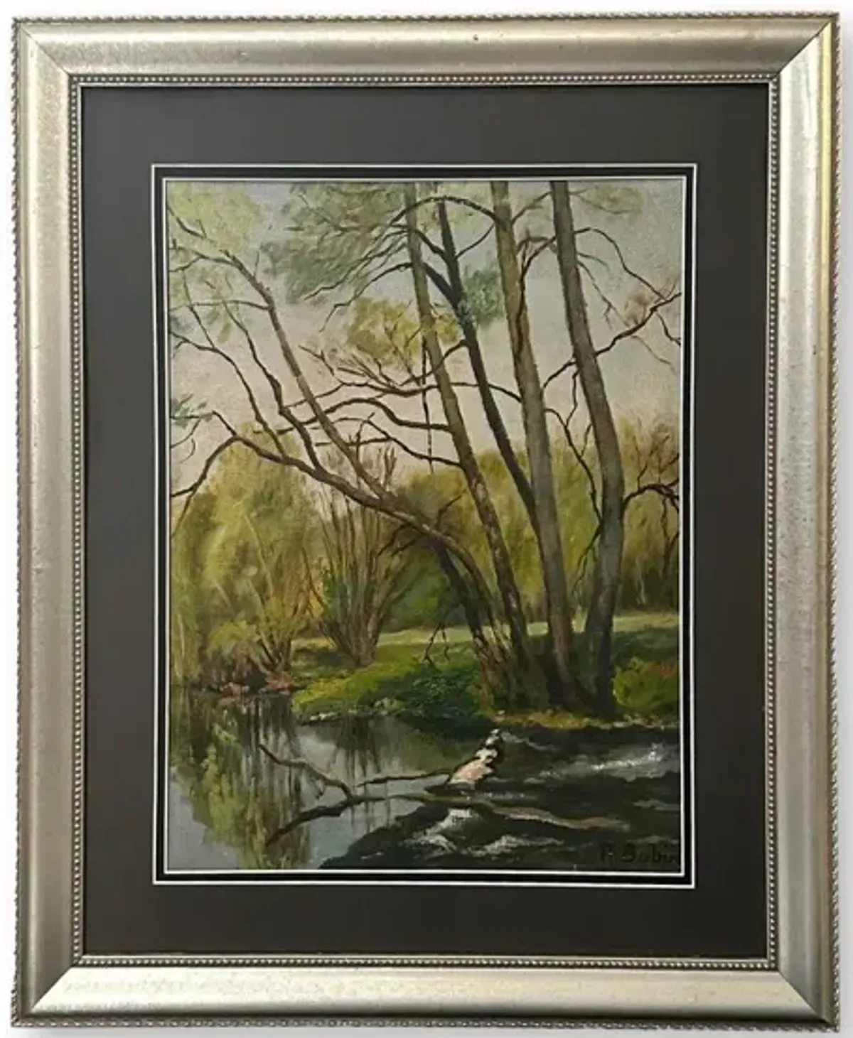 French Riverbank Landscape Painting
