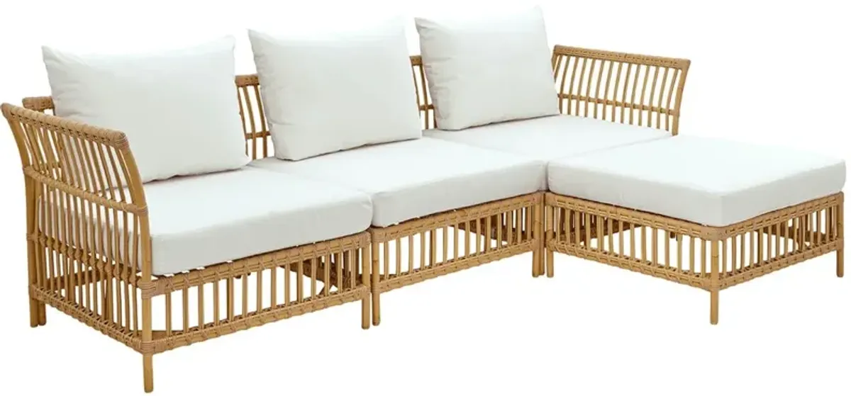 Maggie Outdoor Rattan 3-Seater Sofa w/ Chaise Lounge, Natural/Tempotest Canvas White