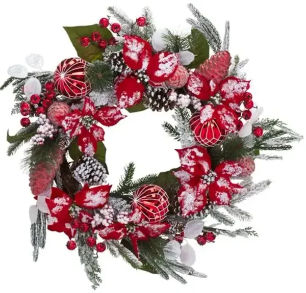 Faux 28" Snowy Wreath - Red/Green