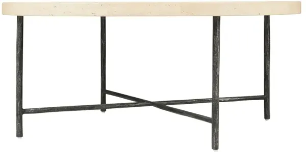 Driftwood 42" Round Travertine Top Cocktail Table, Black/Natural