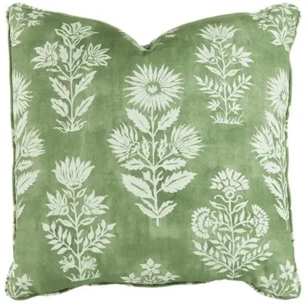 Juniper Floral Linen Pillow - Aloe/White