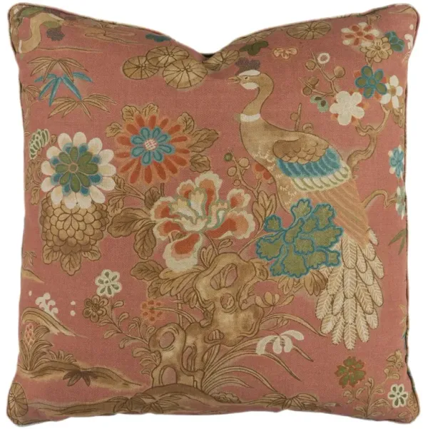 Sakura Pheasant Floral Linen Pillow, Clay