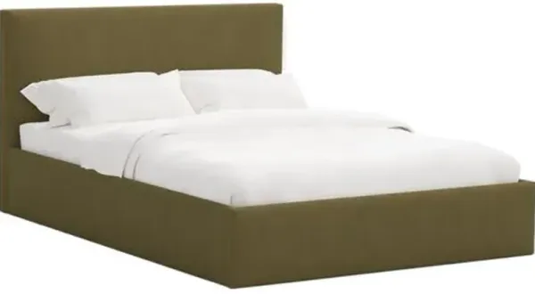 Solaro Square Low Platform Bed - Linen - Handcrafted - Green, Upholstered, Comfortable & Durable