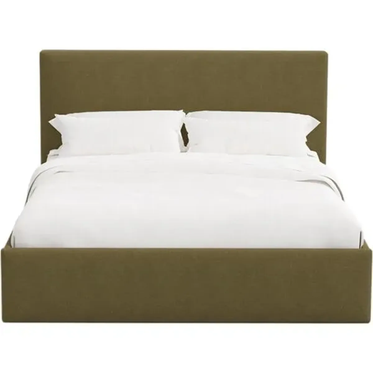Solaro Square Low Platform Bed - Linen - Handcrafted - Green, Upholstered, Comfortable & Durable