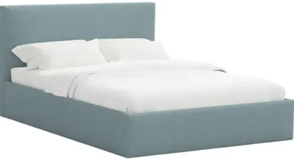Solaro Square Low Platform Bed - Linen - Handcrafted - Blue, Upholstered, Comfortable & Durable