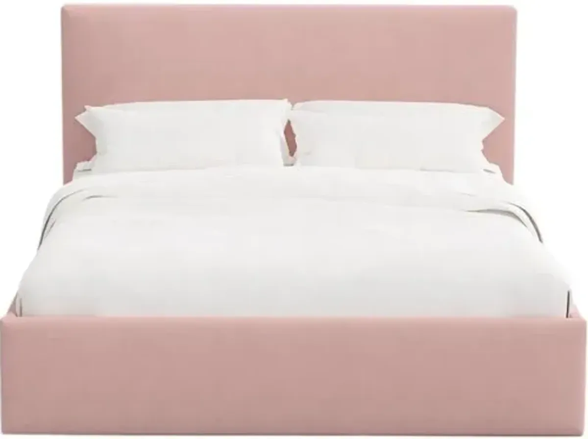 Solaro Square Low Platform Bed - Linen - Handcrafted - Pink, Upholstered, Comfortable & Durable