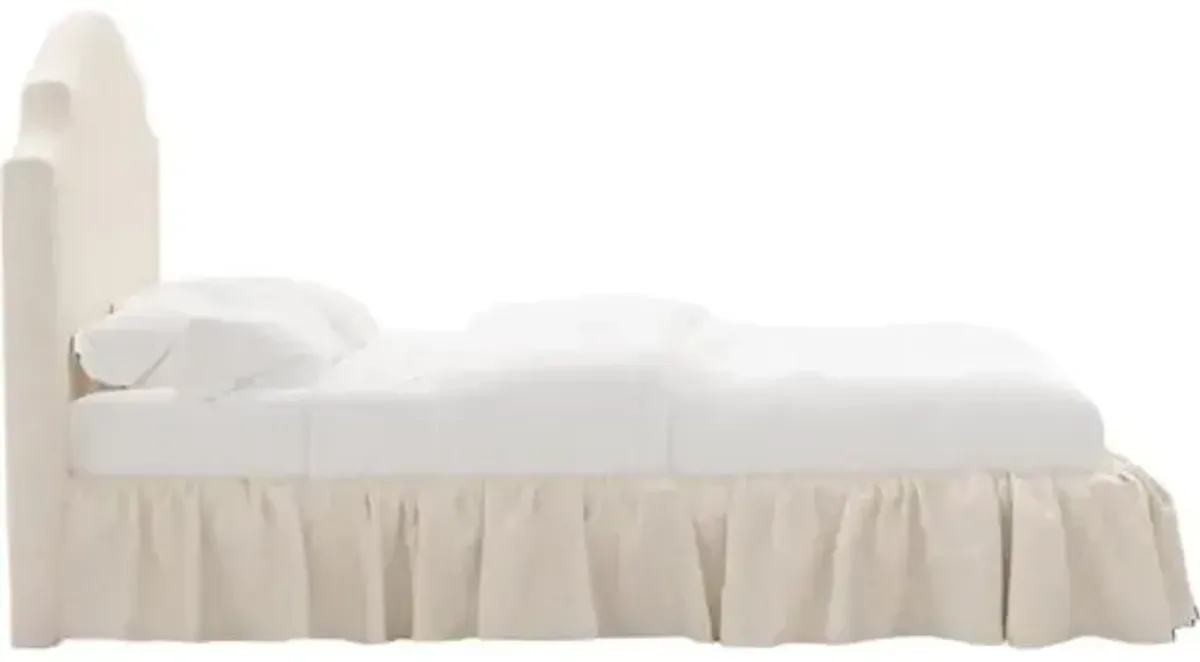 Maggie Ruffle Elegant Platform Bed - Linen - Handcrafted - Ivory - Rounded Headboard Corners, Upholstered, Comfortable & Durable