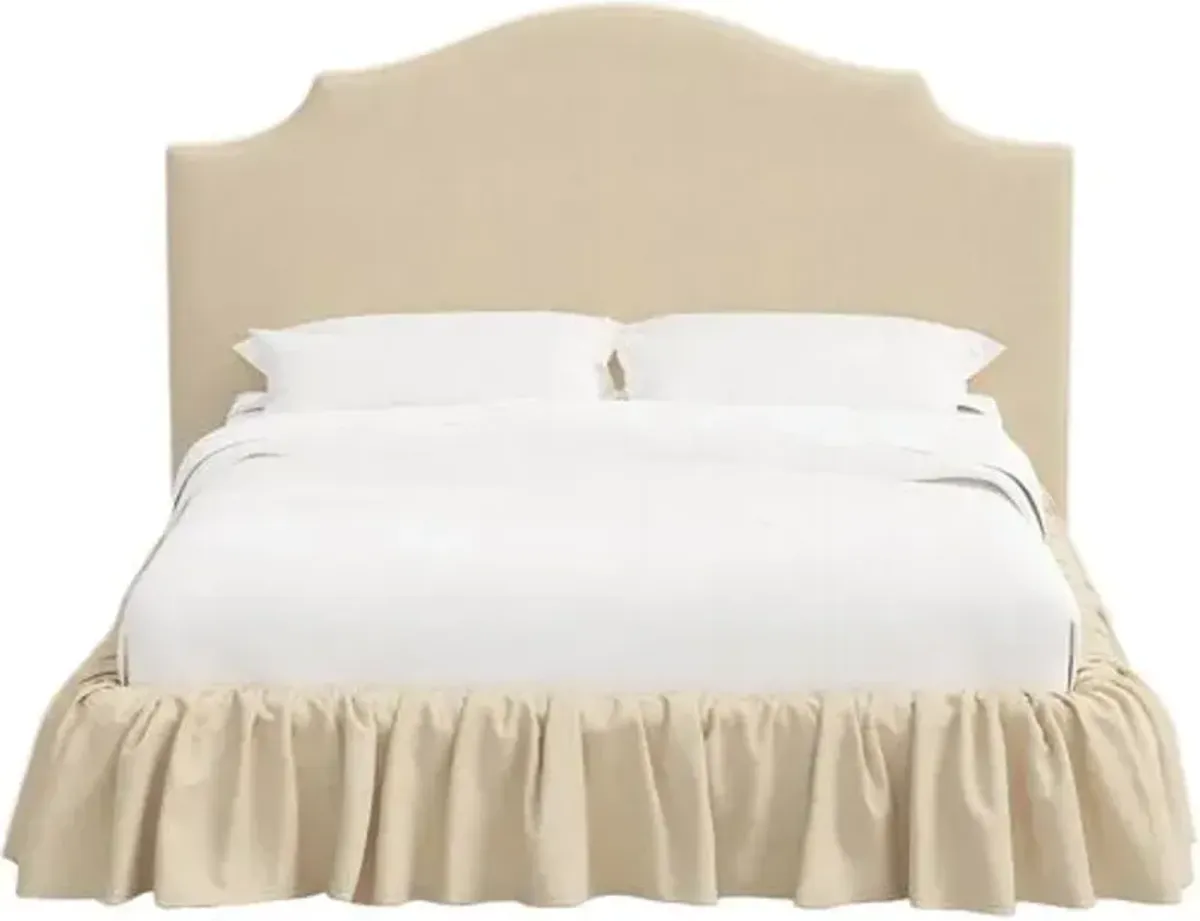 Maggie Ruffle Elegant Platform Bed - Linen - Handcrafted - Rounded Headboard Corners, Upholstered, Comfortable & Durable