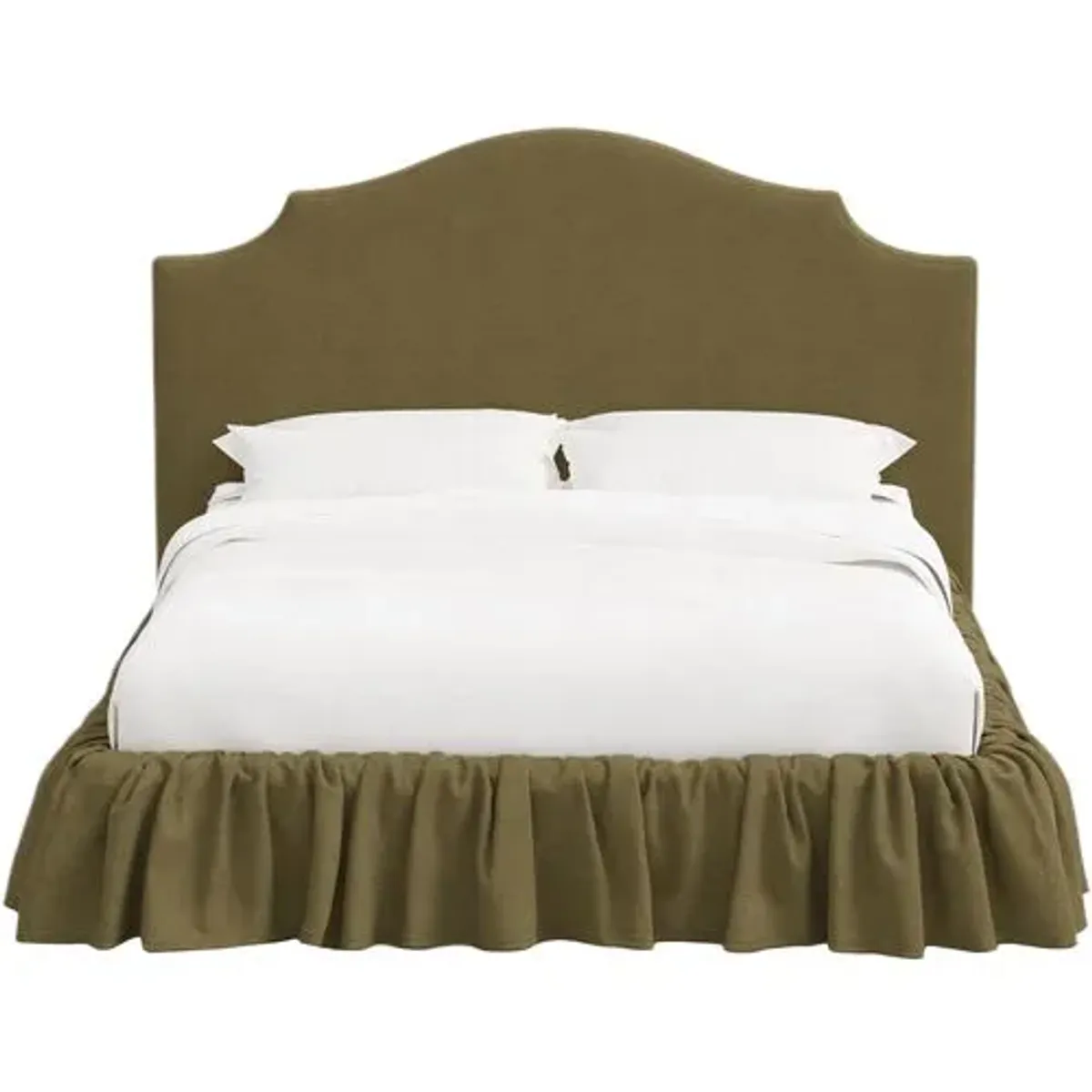 Maggie Ruffle Elegant Platform Bed - Linen - Handcrafted - Green - Rounded Headboard Corners, Upholstered, Comfortable & Durable