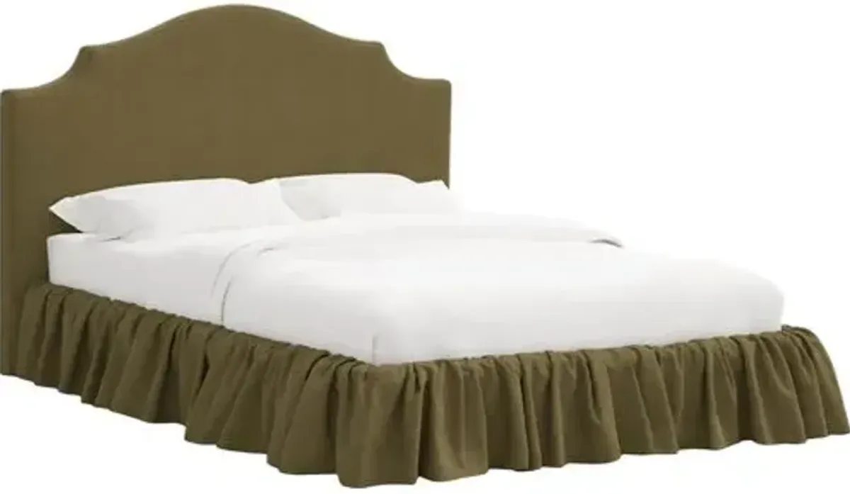Maggie Ruffle Elegant Platform Bed - Linen - Handcrafted - Green - Rounded Headboard Corners, Upholstered, Comfortable & Durable