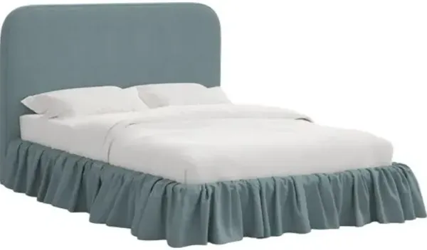 Maggie Ruffle Rounded Platform Bed - Linen - Handcrafted - Blue - Rounded Headboard Corners, Upholstered, Comfortable & Durable