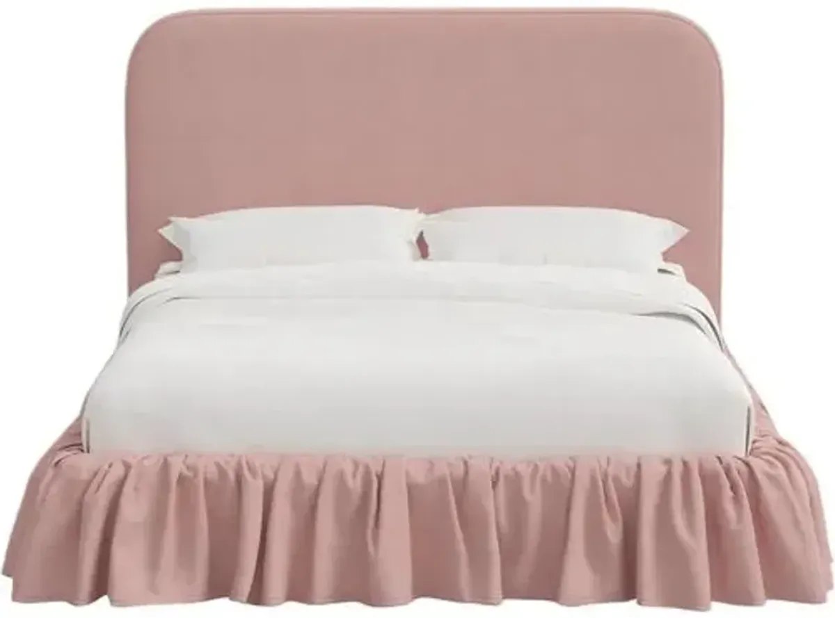 Maggie Ruffle Rounded Platform Bed - Linen - Handcrafted - Pink - Rounded Headboard Corners, Upholstered, Comfortable & Durable