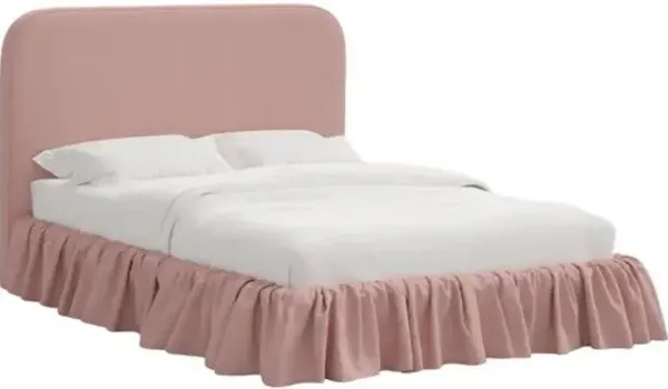 Maggie Ruffle Rounded Platform Bed - Linen - Handcrafted - Pink - Rounded Headboard Corners, Upholstered, Comfortable & Durable