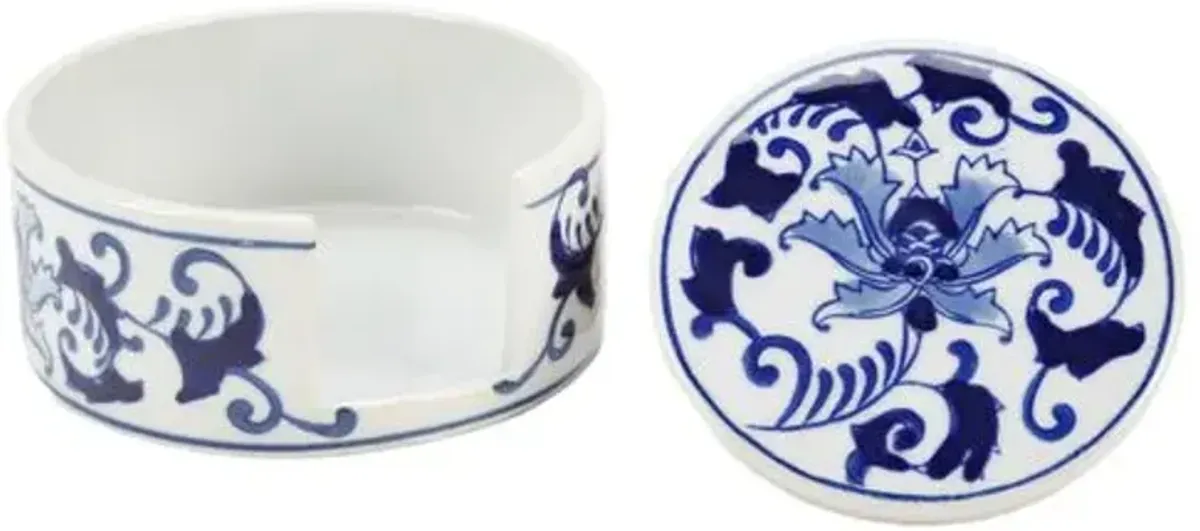 Set of 5 Floral Design Coasters - Blue and White