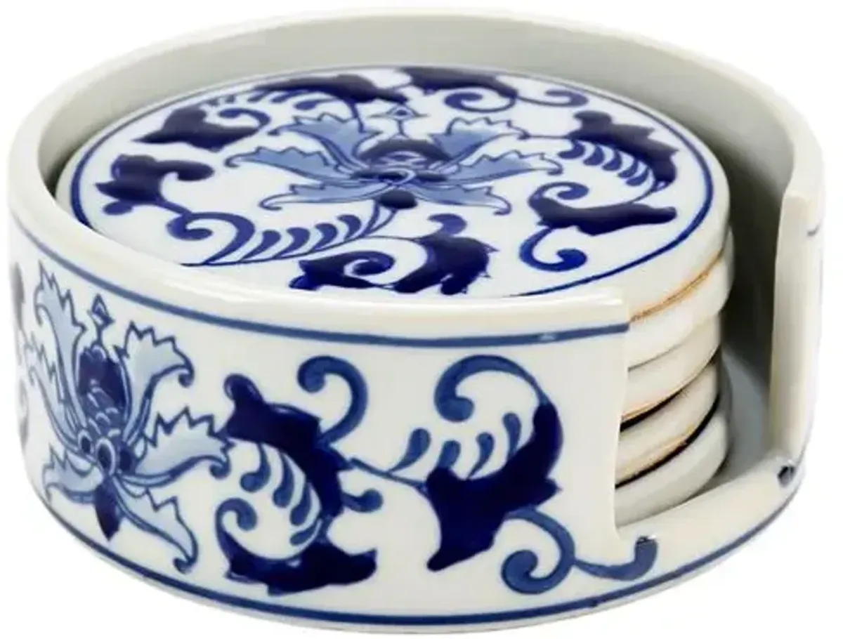 Set of 5 Floral Design Coasters - Blue and White