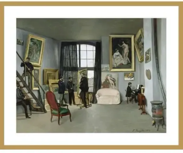L'Atelier de Bazille 9 rue de la Condamine a Paris Astruc ou Monet Manet Bazille Edmond Maitre au piano by Frédéric Bazille Framed Print - 1000Museums - Multi