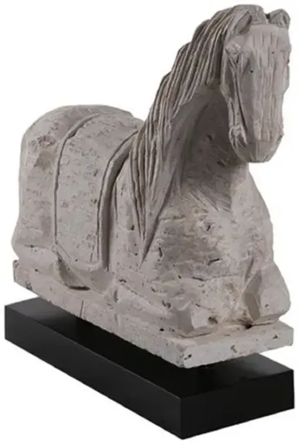 16.5" Sitting Horse Statue on Wood Base - Travertine - White