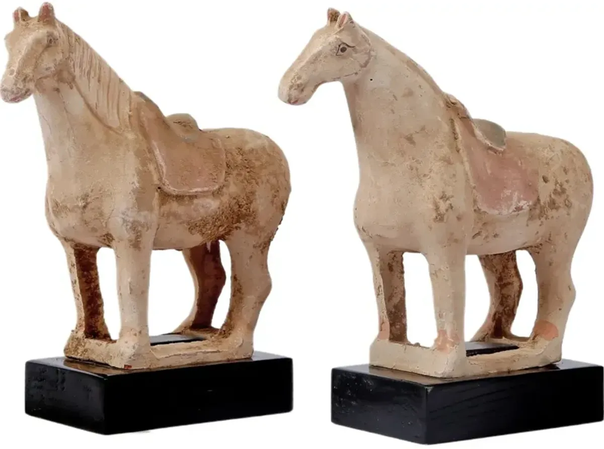 S/2 Horse Statues on Wood Base, Terracotta