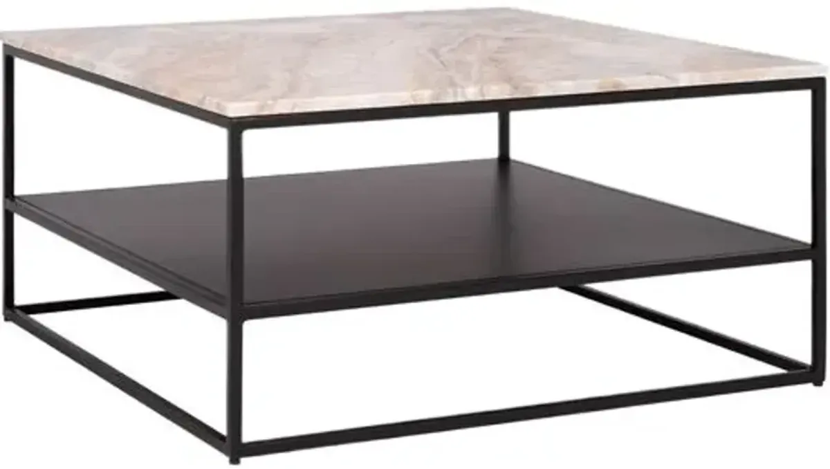 Talorin 32" Square Marble Top Coffee Table - Light Brown/Black