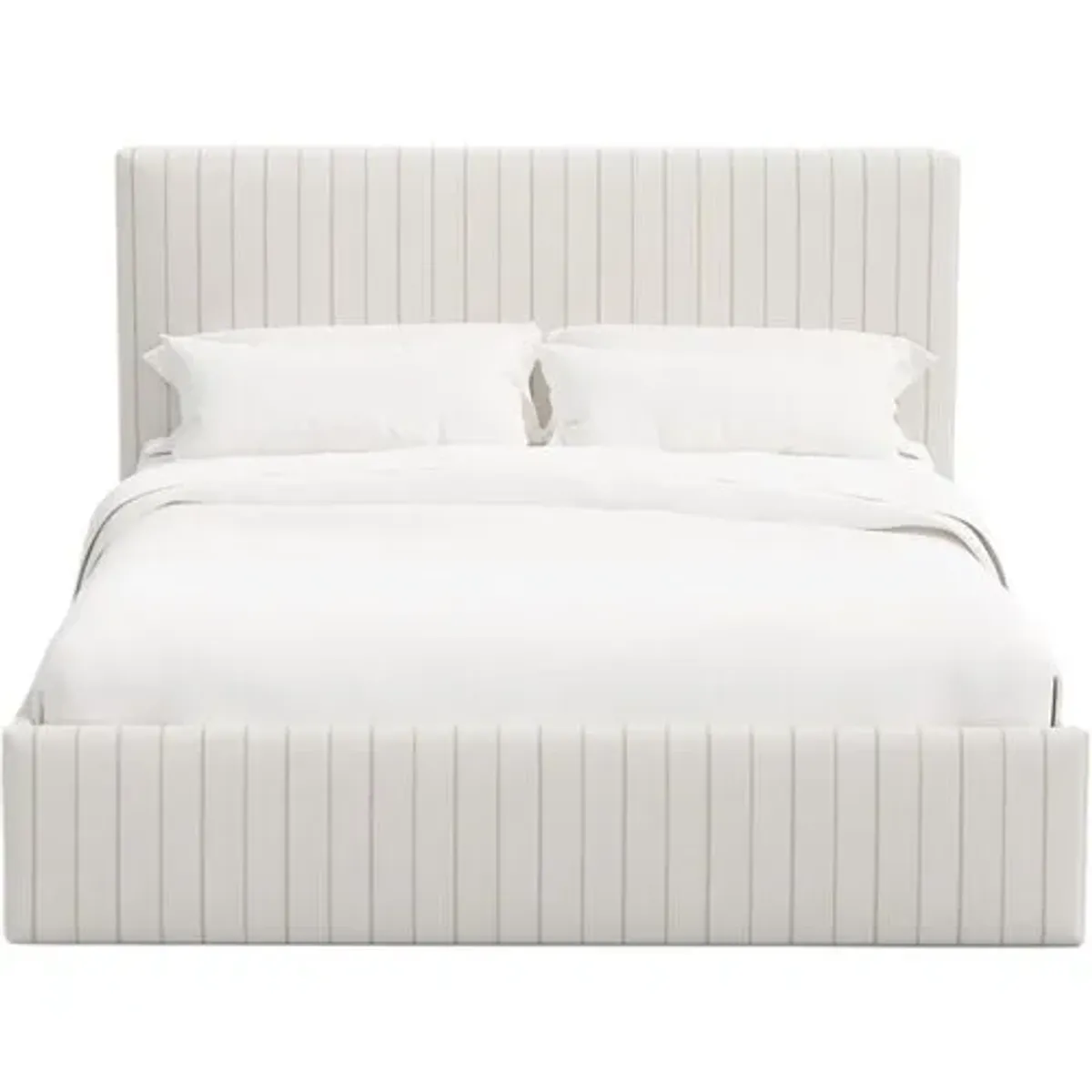Solaro Square Low Platform Bed - Pinstripe - Handcrafted - Beige, Upholstered, Comfortable & Durable