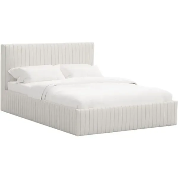 Solaro Square Low Platform Bed - Pinstripe - Handcrafted - Beige, Upholstered, Comfortable & Durable