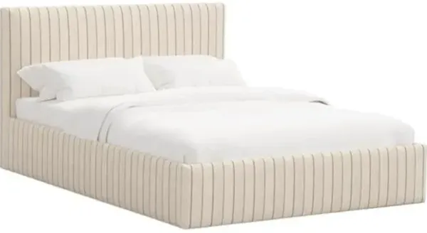 Solaro Square Low Platform Bed - Pinstripe - Handcrafted - Gray, Upholstered, Comfortable & Durable