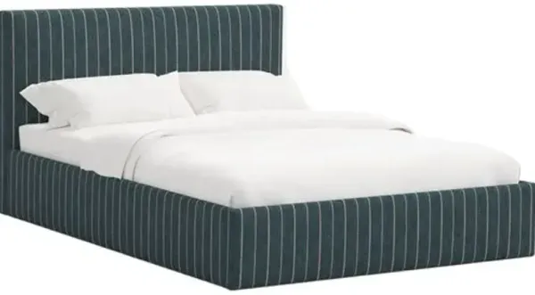 Solaro Square Low Platform Bed - Pinstripe - Handcrafted - Blue, Upholstered, Comfortable & Durable