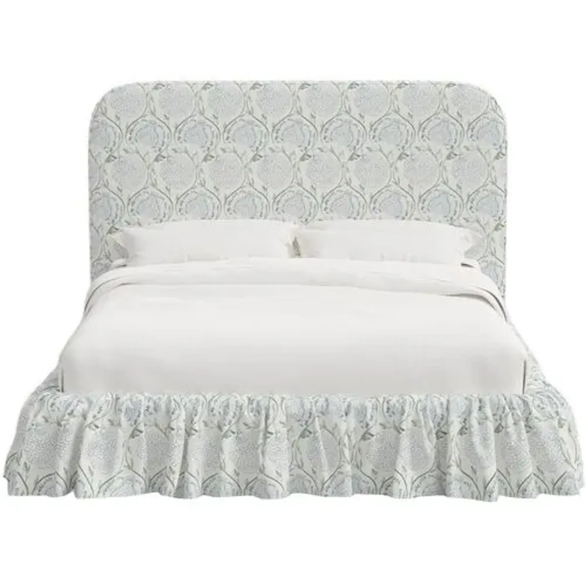 Maggie Ruffle Platform Bed - Ranjit Floral - Handcrafted - Green - Rounded Headboard Corners, Comfortable & Durable