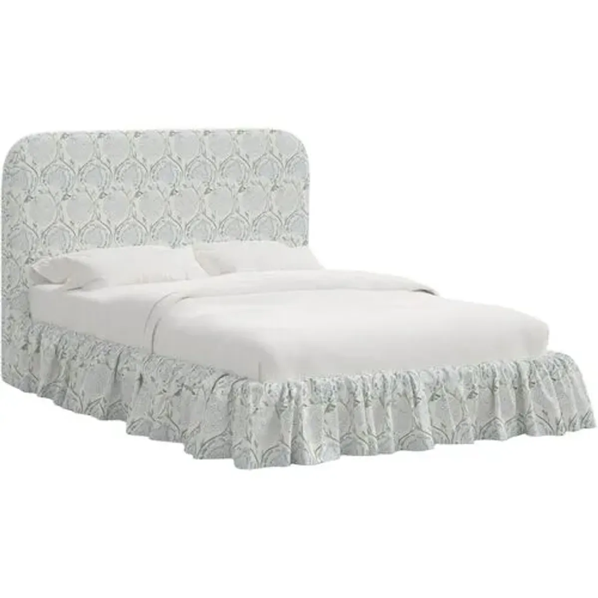 Maggie Ruffle Platform Bed - Ranjit Floral - Handcrafted - Green - Rounded Headboard Corners, Comfortable & Durable