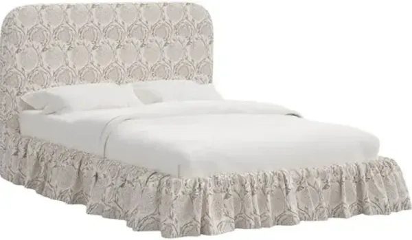 Maggie Ruffle Platform Bed - Ranjit Floral - Handcrafted - Brown - Rounded Headboard Corners, Comfortable & Durable