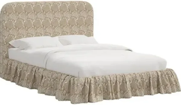 Maggie Ruffle Platform Bed - Ranjit Floral - Handcrafted - Beige - Rounded Headboard Corners, Comfortable & Durable