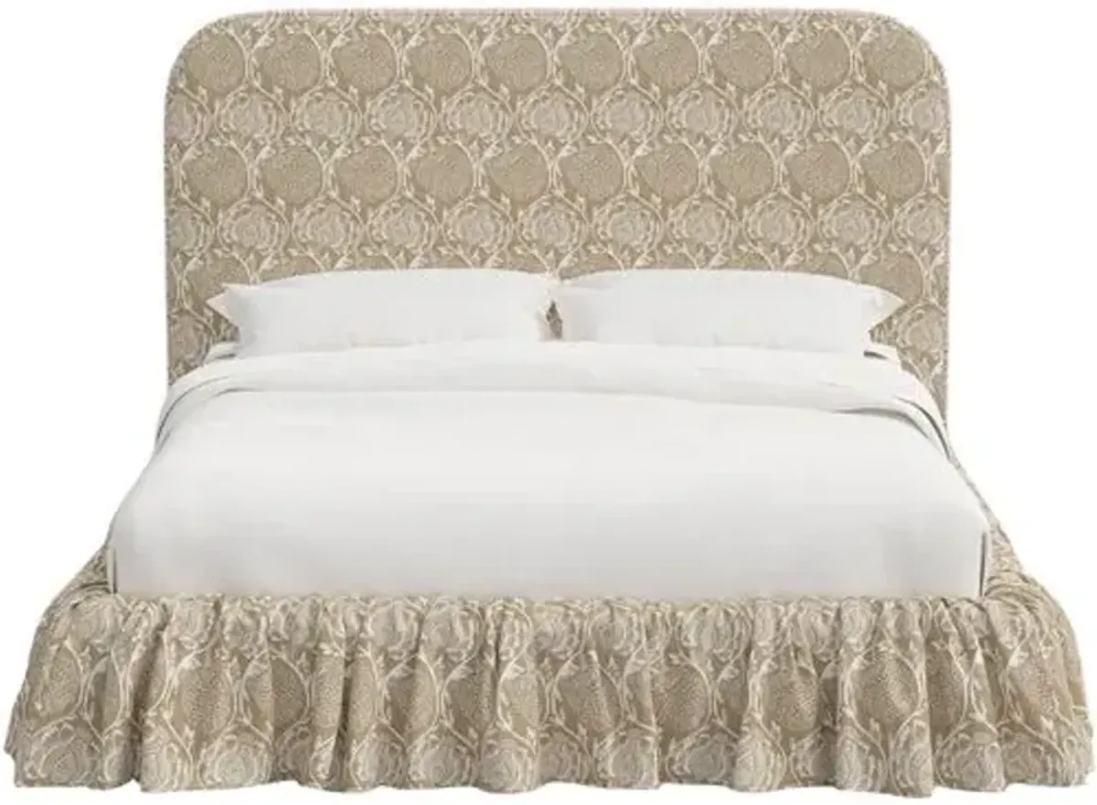 Maggie Ruffle Platform Bed - Ranjit Floral - Handcrafted - Beige - Rounded Headboard Corners, Comfortable & Durable