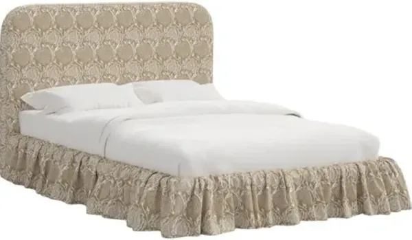 Maggie Ruffle Platform Bed - Ranjit Floral - Handcrafted - Beige - Rounded Headboard Corners, Comfortable & Durable