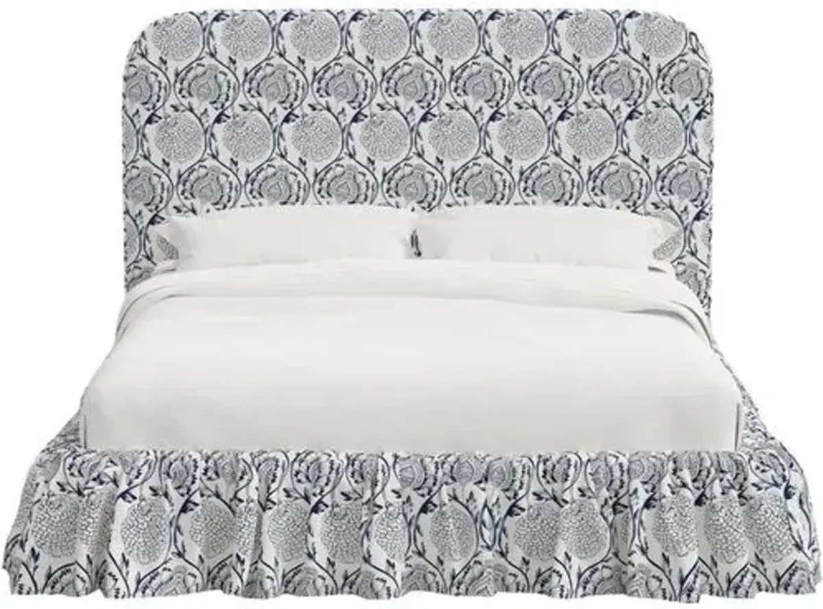 Maggie Ruffle Platform Bed - Ranjit Floral - Handcrafted - Blue - Rounded Headboard Corners, Comfortable & Durable