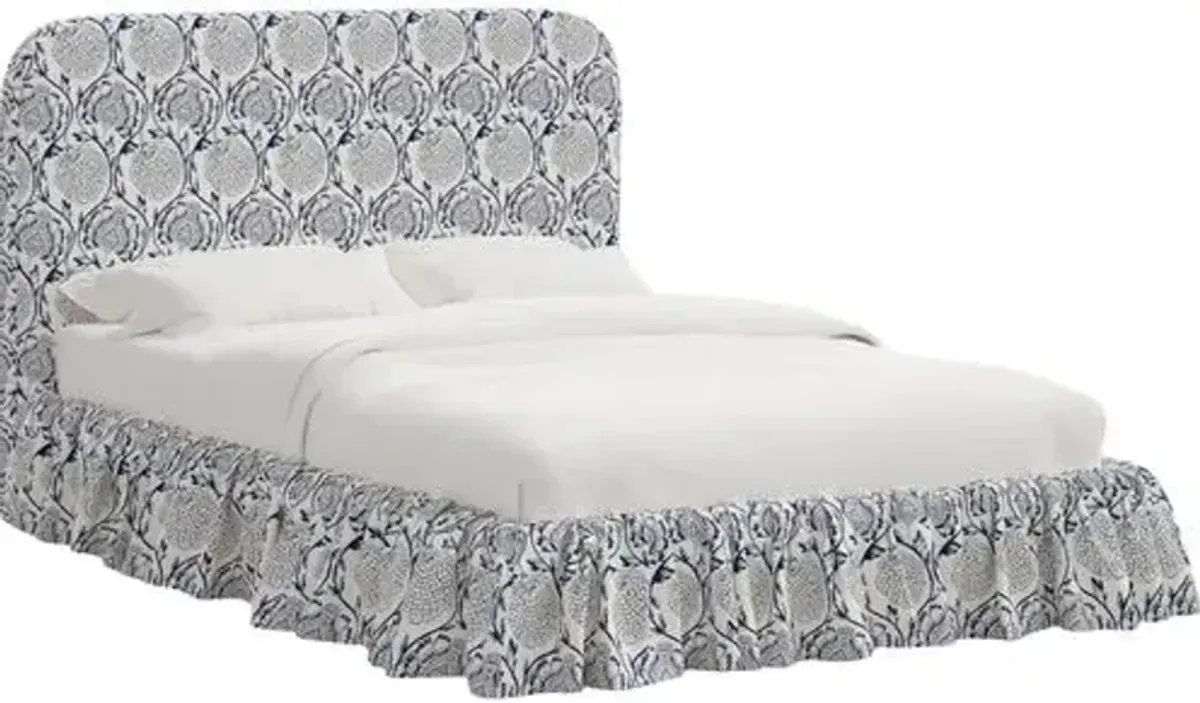 Maggie Ruffle Platform Bed - Ranjit Floral - Handcrafted - Blue - Rounded Headboard Corners, Comfortable & Durable