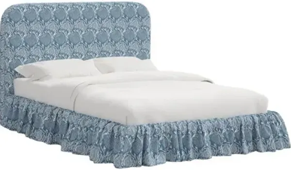 Maggie Ruffle Platform Bed - Ranjit Floral - Handcrafted - Blue - Rounded Headboard Corners, Comfortable & Durable