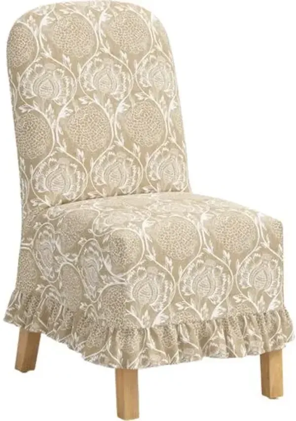 Maggie Ruffle Slipcover Dining Side Chair - Ranjit Floral - Handcrafted - Beige