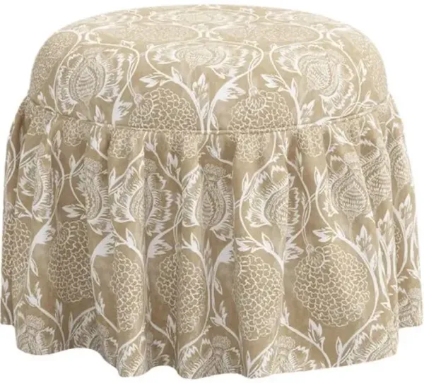 Maggie Ruffle Skirted Ottoman - Ranjit Floral - Handcrafted - Beige