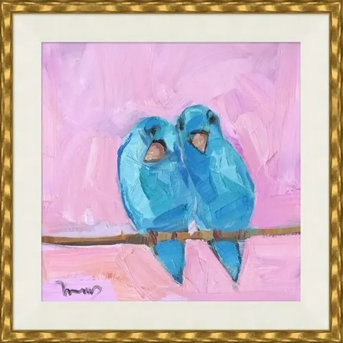 Joseph Mota - Lovebirds Framed Painting - 18.25" x 18.15" - Soicher Marin - Pink