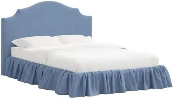 Maggie Ruffle Elegant Platform Bed - Linen - Handcrafted - Blue - Rounded Headboard Corners, Upholstered, Comfortable & Durable