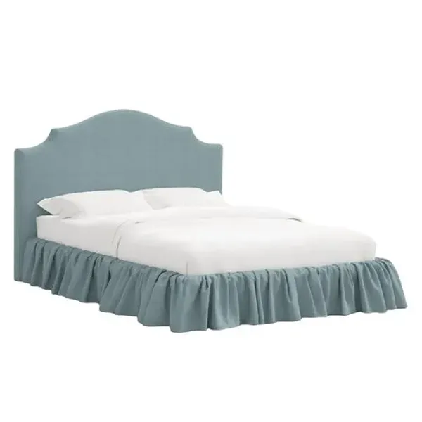 Maggie Ruffle Elegant Platform Bed - Linen - Handcrafted - Blue - Rounded Headboard Corners, Upholstered, Comfortable & Durable