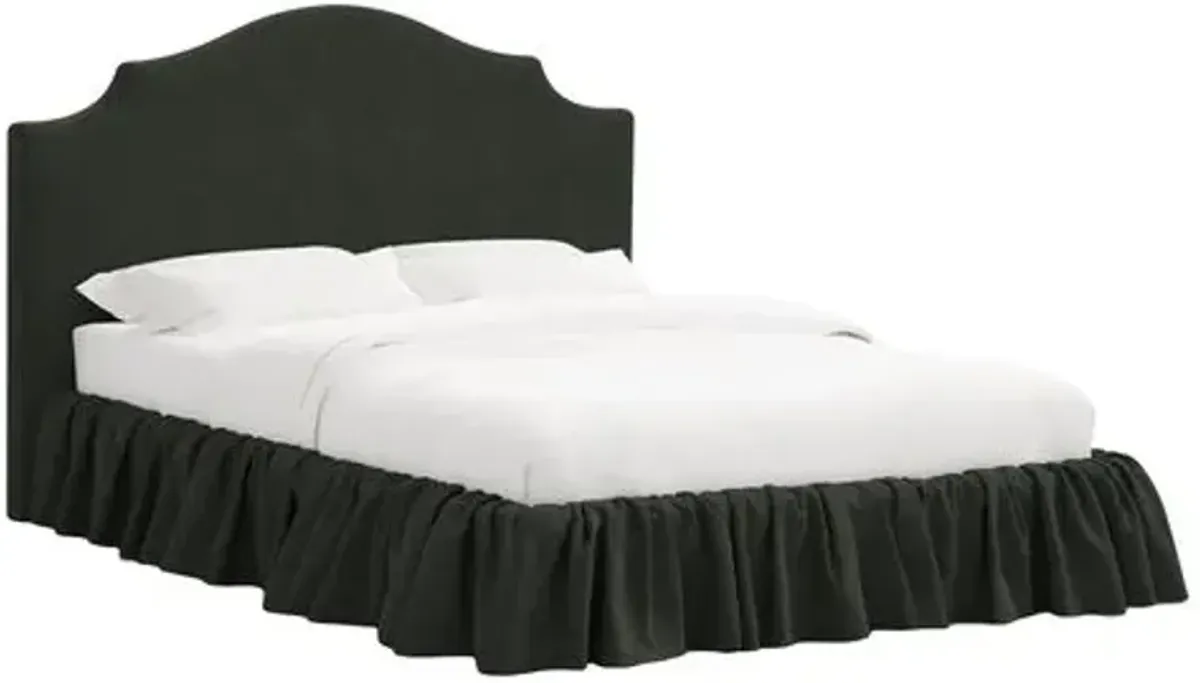Maggie Ruffle Elegant Platform Bed - Linen - Handcrafted - Black - Rounded Headboard Corners, Upholstered, Comfortable & Durable