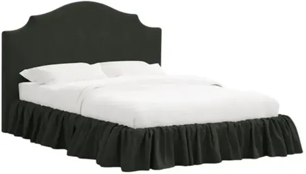 Maggie Ruffle Elegant Platform Bed - Linen - Handcrafted - Black - Rounded Headboard Corners, Upholstered, Comfortable & Durable