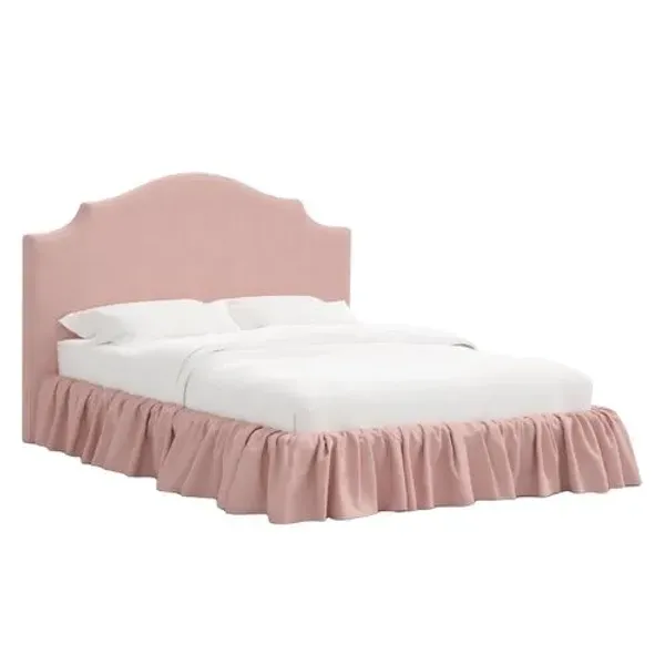 Maggie Ruffle Elegant Platform Bed - Linen - Handcrafted - Pink - Rounded Headboard Corners, Upholstered, Comfortable & Durable